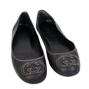 Gucci ITALY BLACK REAL LEATHER LOGO FLAT ROUND TOE BALLET SLIP ON SHOES Size 35G